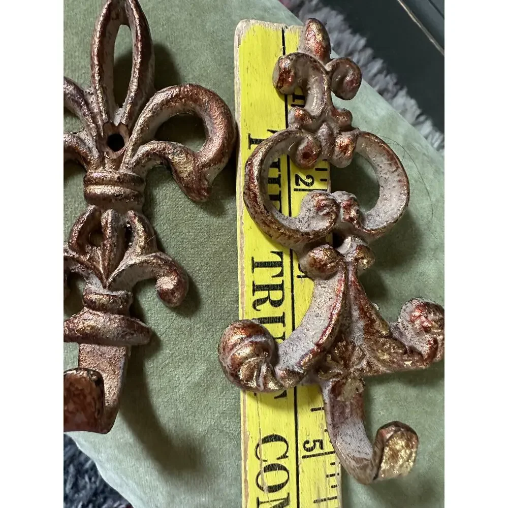 Vintage Wall Hooks, French style Decor gold metal ornate set of 2, 5x3”